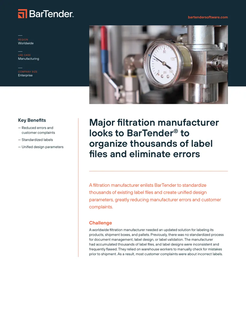 Label Management Solution Implementation for Filtration Manufacturer