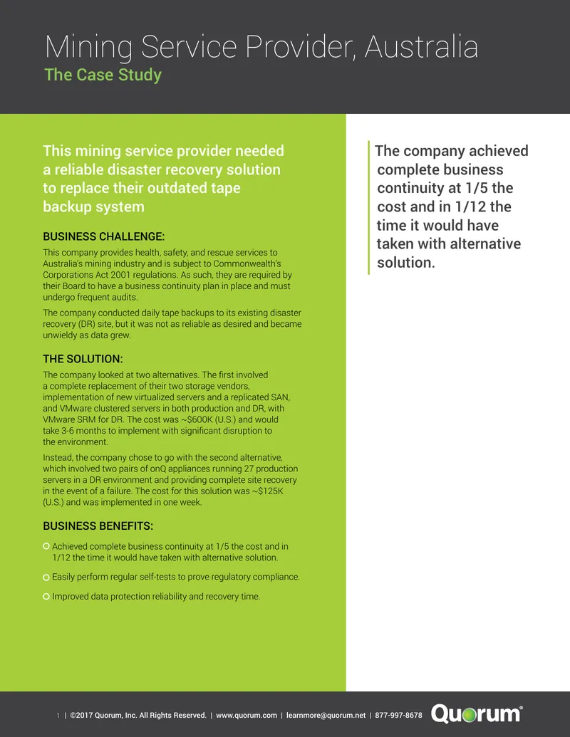 Disaster Recovery Solution for Mining Service Provider