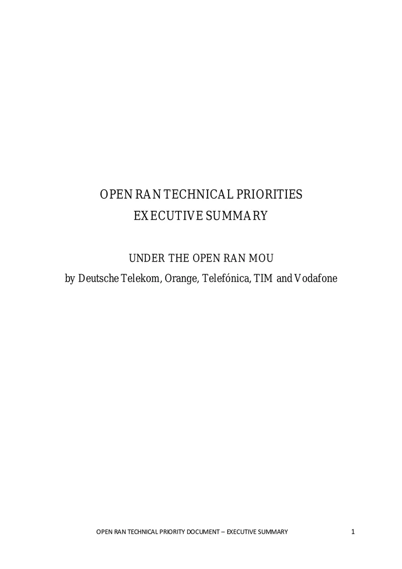 Open RAN Technical Priority Document Executive Summary