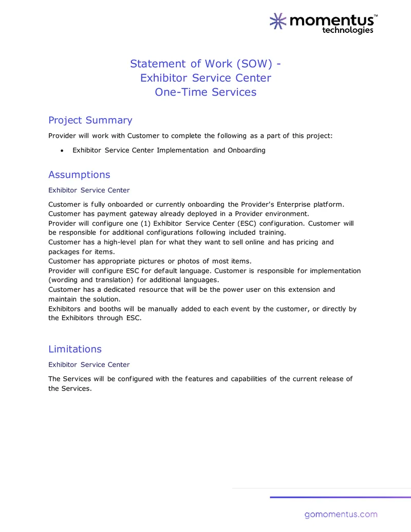 Exhibitor Service Center Implementation Statement of Work