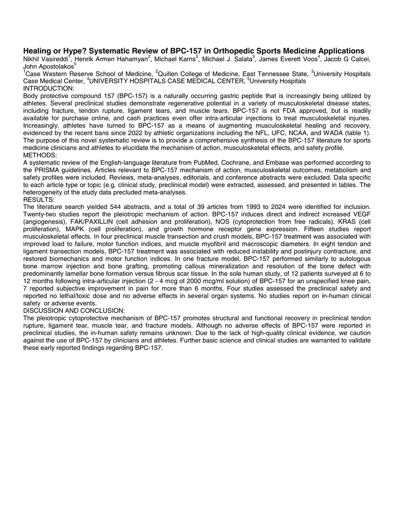 Systematic Review of BPC-157 in Sports Medicine