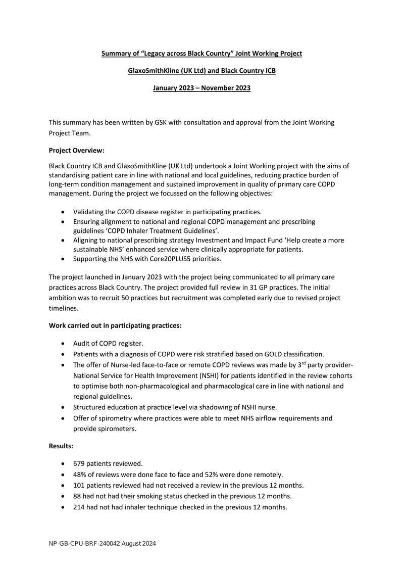 Joint Working Project Summary for COPD Management