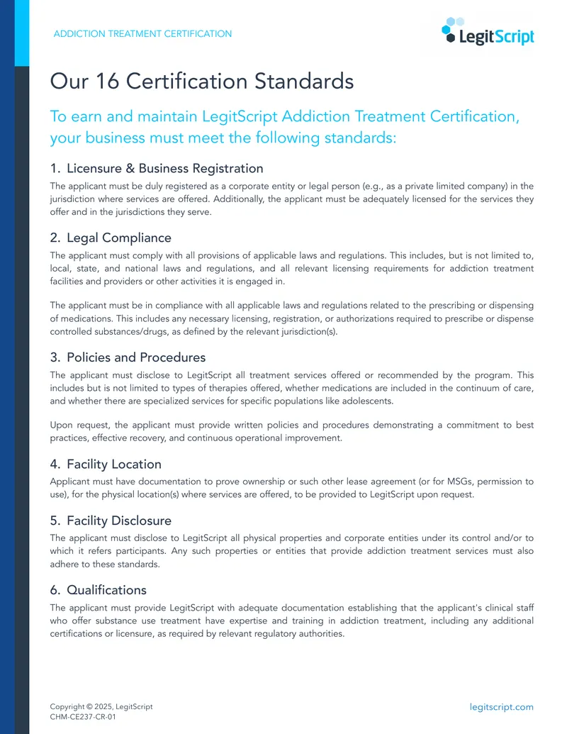 LegitScript Addiction Treatment Certification Standards