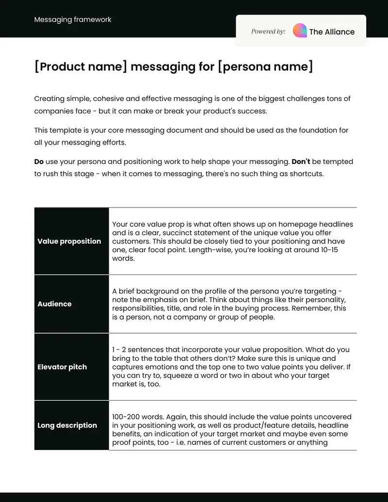 Messaging Framework Template for Product Positioning
