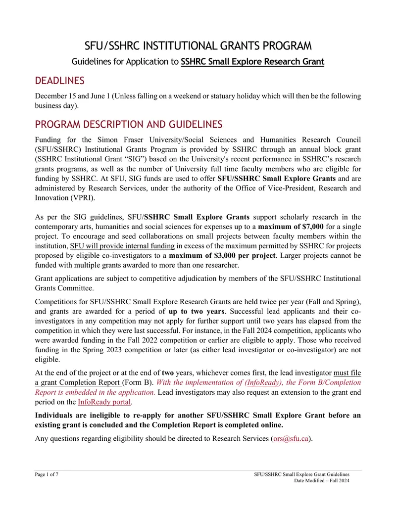 SFU/SSHRC Small Explore Grant Application Guidelines