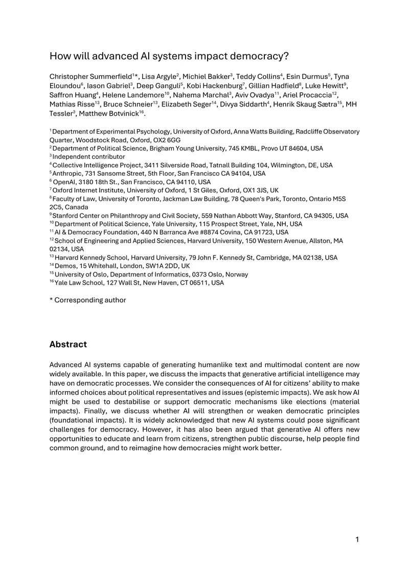 Impact of Advanced AI Systems on Democracy