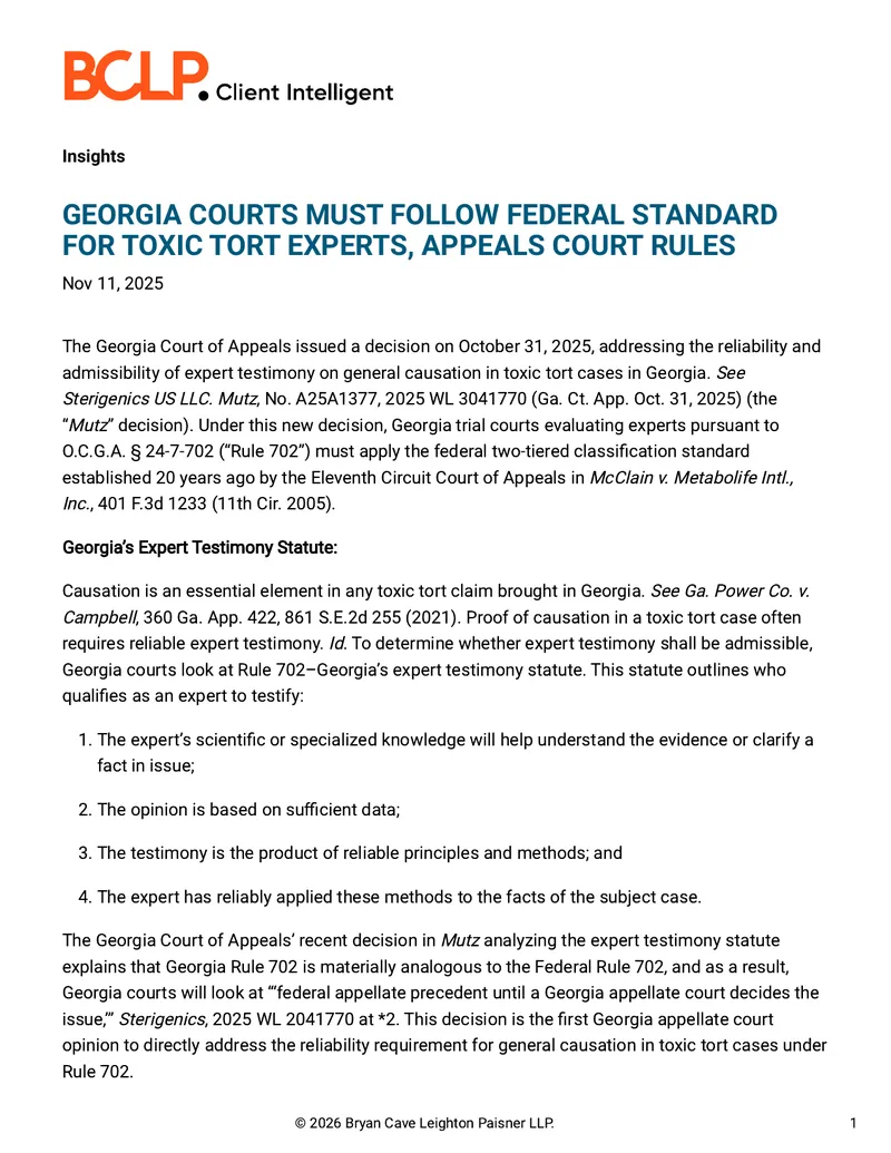 Georgia Court of Appeals Decision on Expert Testimony