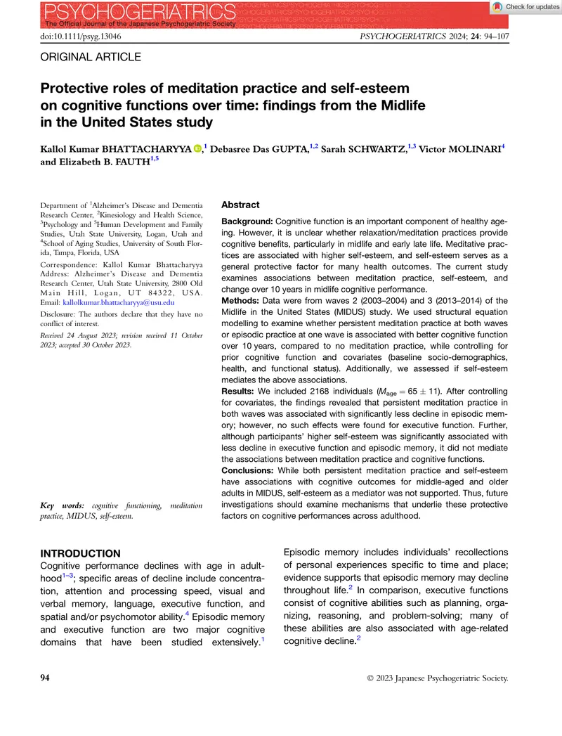 Protective Roles of Meditation and Self-Esteem on Cognitive Functions
