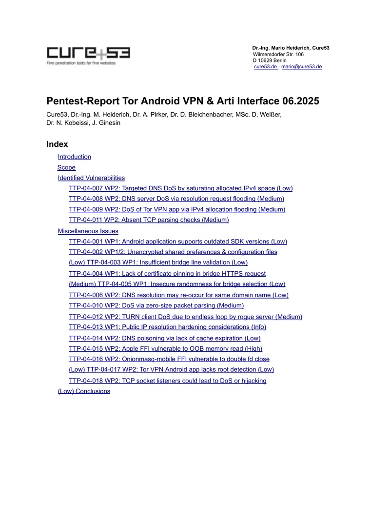 Penetration Test Report for Tor Android VPN