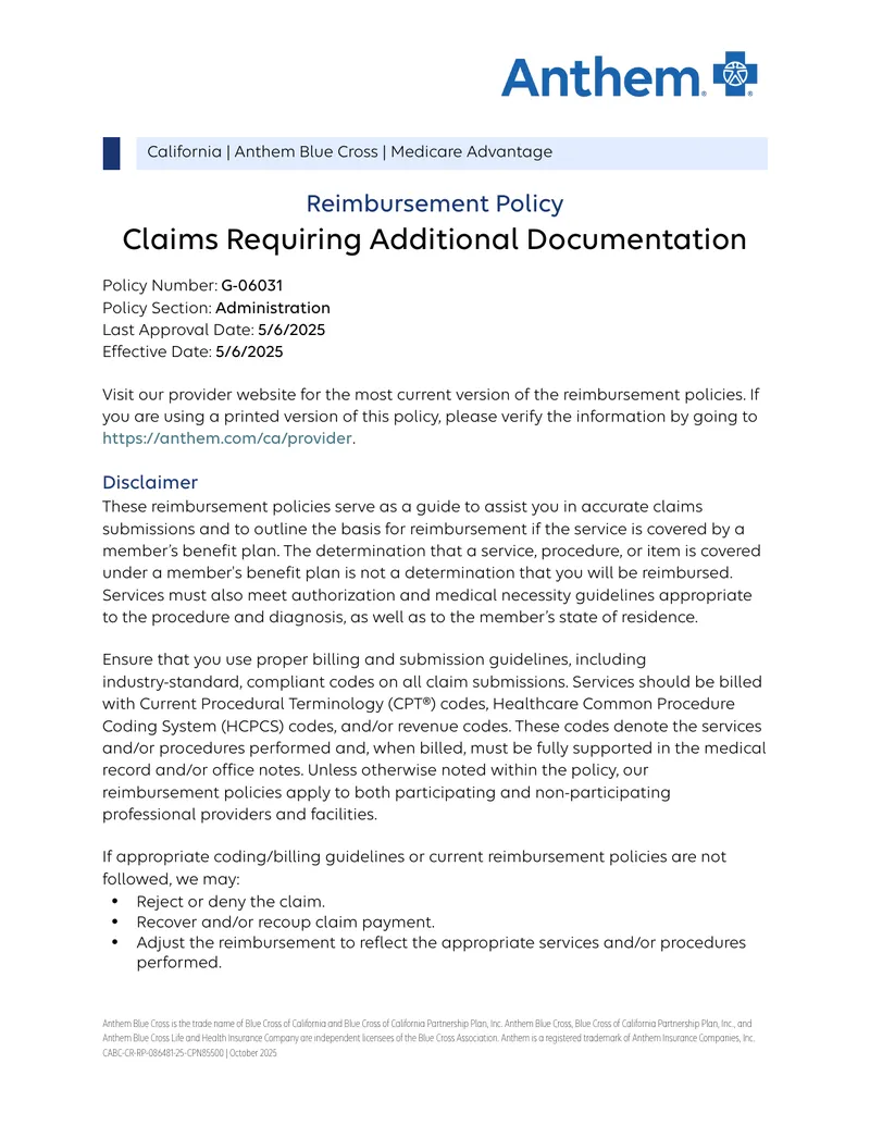 Anthem Blue Cross Reimbursement Policy Guide