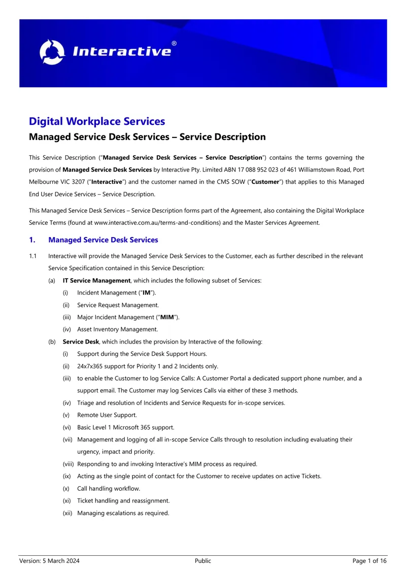 Managed Service Desk Services Description