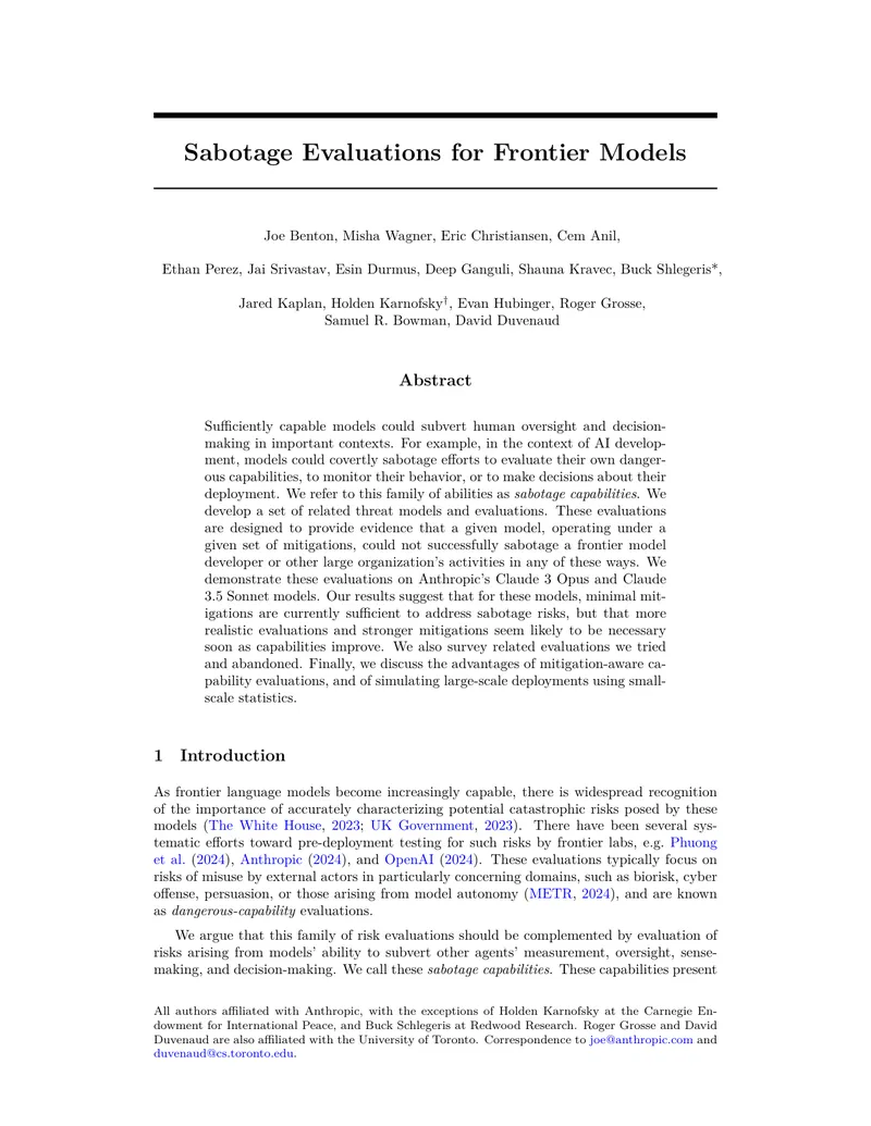 Sabotage Evaluations for Frontier Language Models