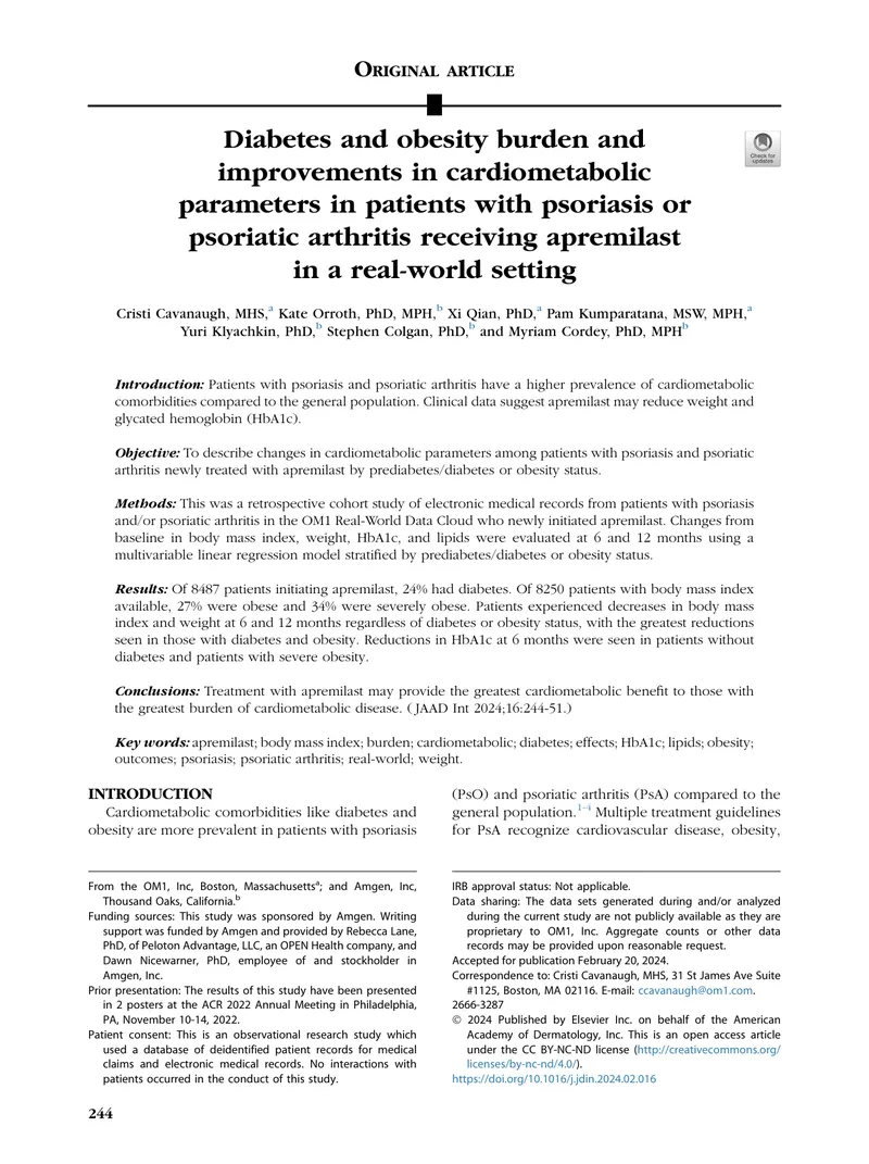 Cardiometabolic Parameter Changes with Apremilast Treatment