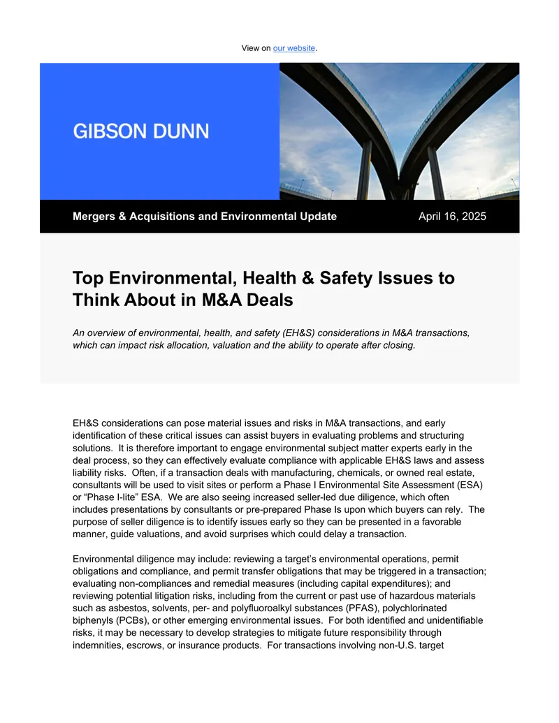 Environmental Health and Safety Considerations in M&A Transactions