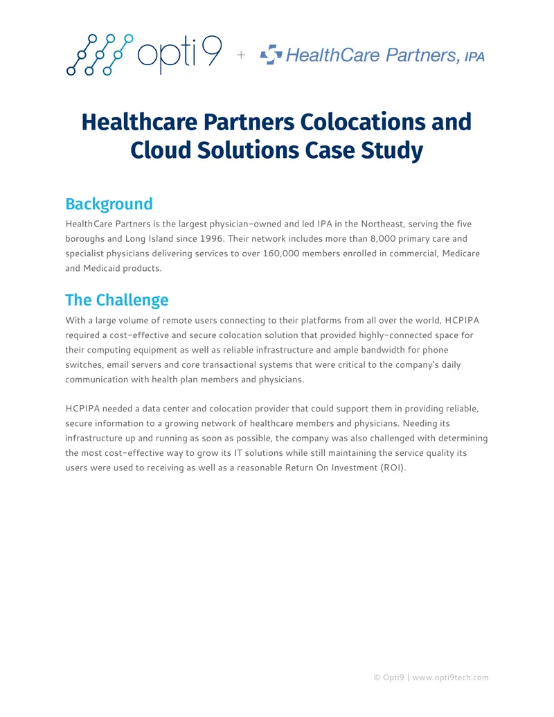 Healthcare Partners Colocations and Cloud Solutions Case Study