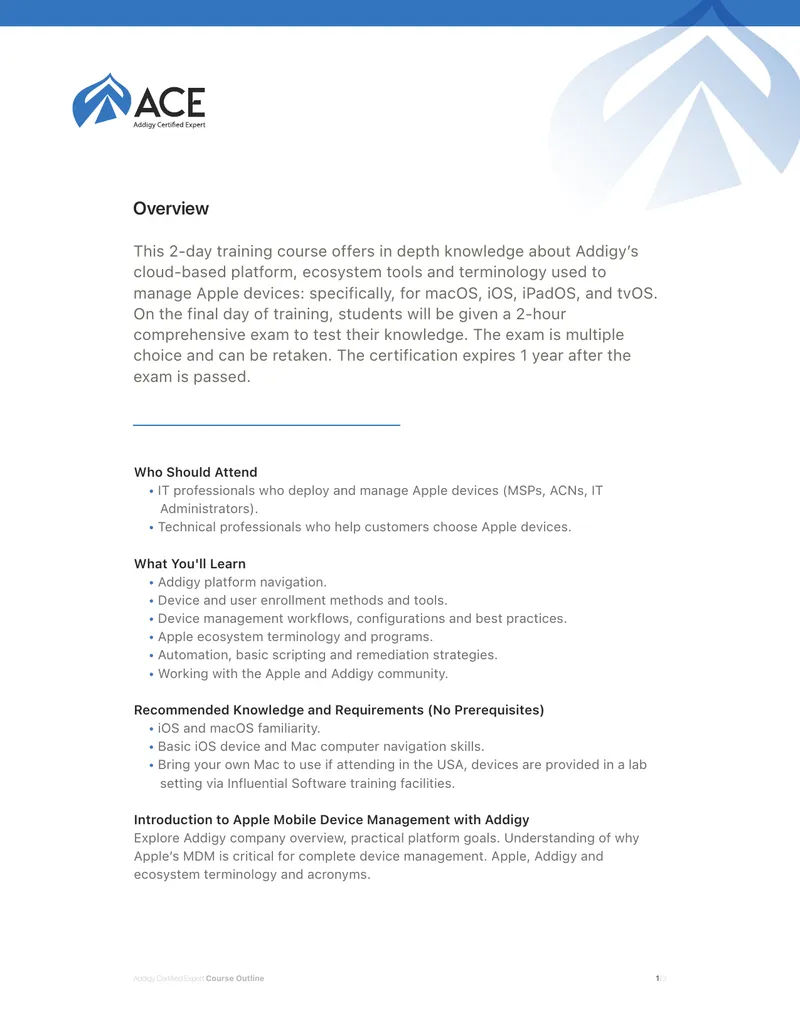 Addigy Certified Expert Course Outline