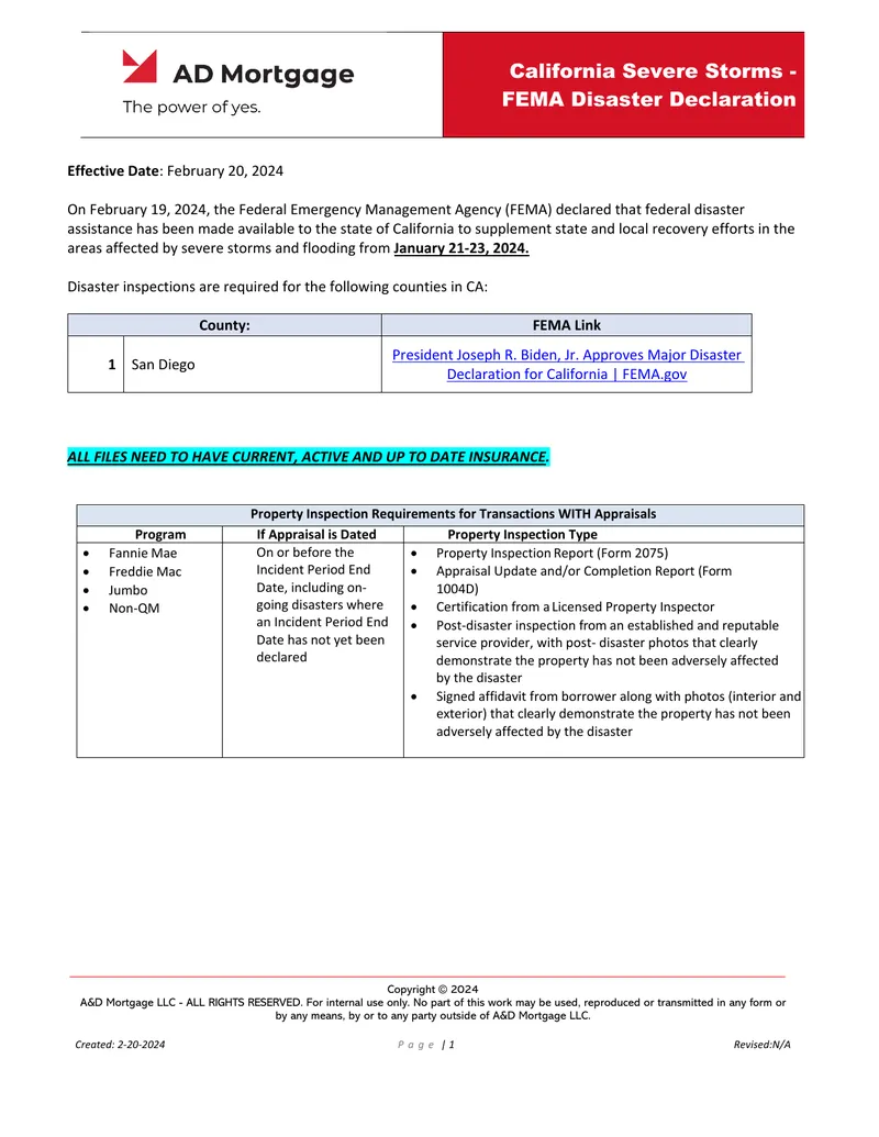California Severe Storms FEMA Disaster Declaration