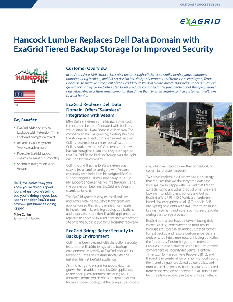 Hancock Lumber Implements ExaGrid Backup Storage Solution