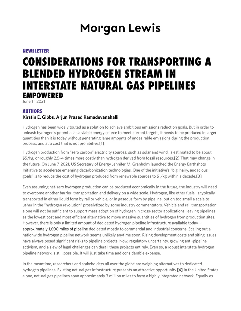 Considerations for Transporting Blended Hydrogen in Pipelines