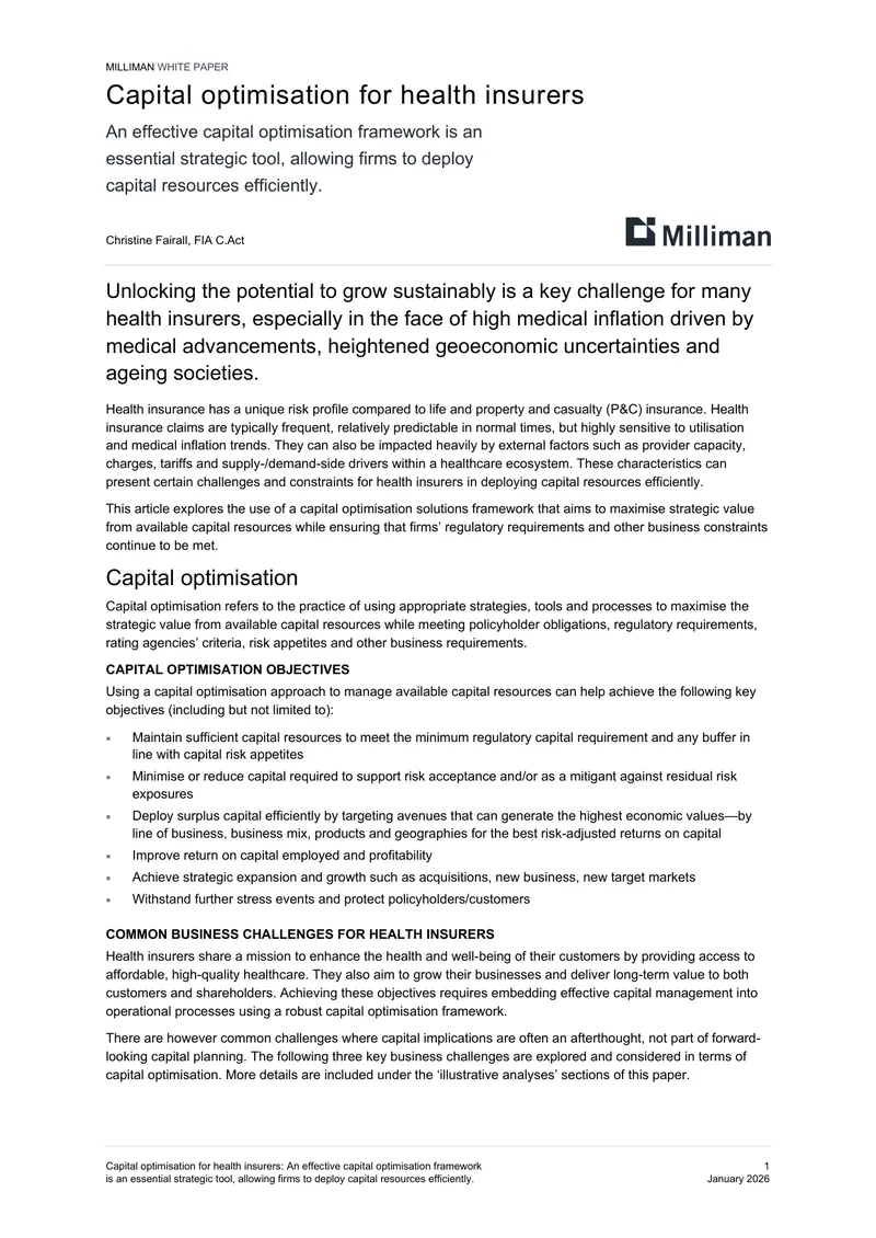 Capital Optimisation Framework for Health Insurers