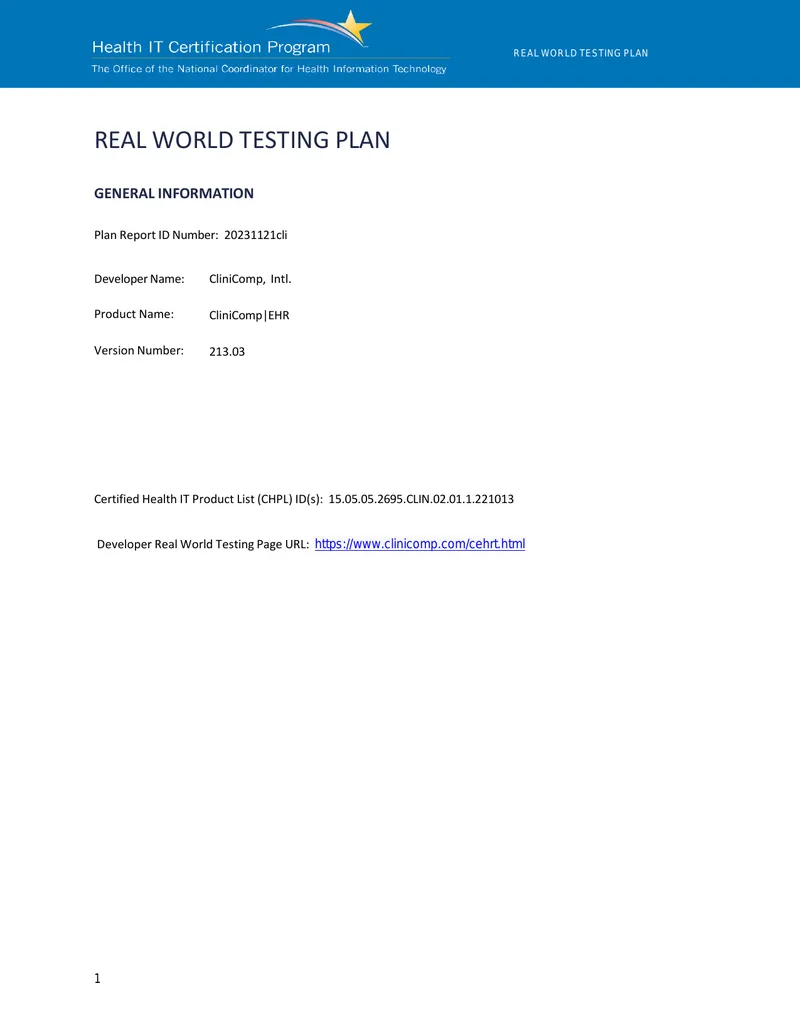 Real World Testing Plan for CliniComp EHR
