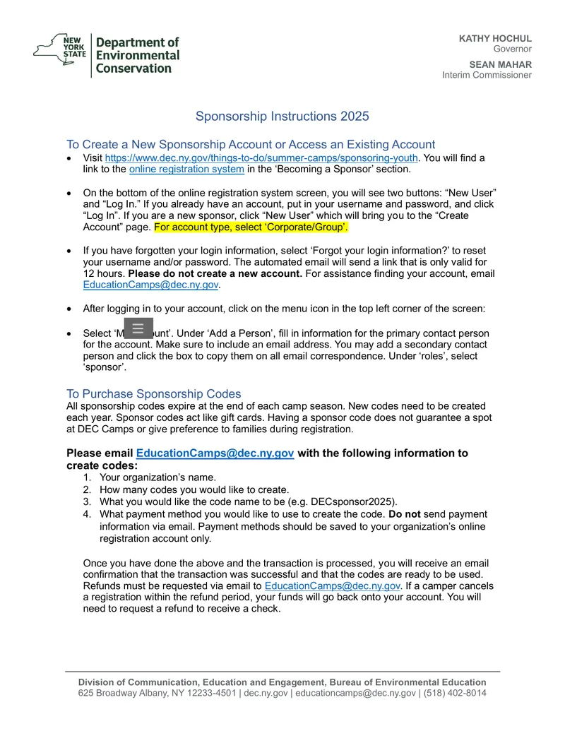 Sponsorship Instructions for 2025 Youth Camps