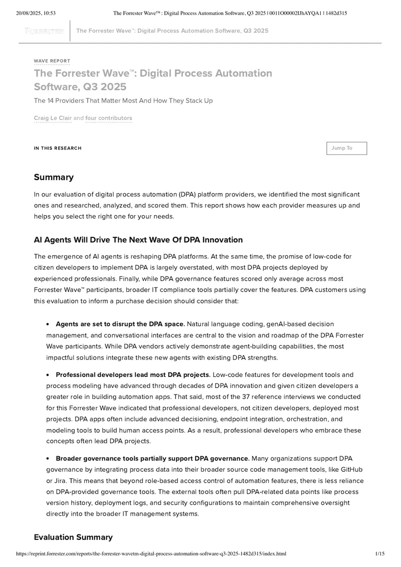 Forrester Wave Evaluation of Digital Process Automation Software