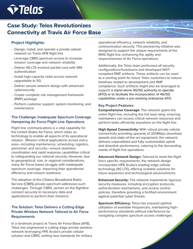 Telos Private Wireless Network Implementation at Travis AFB