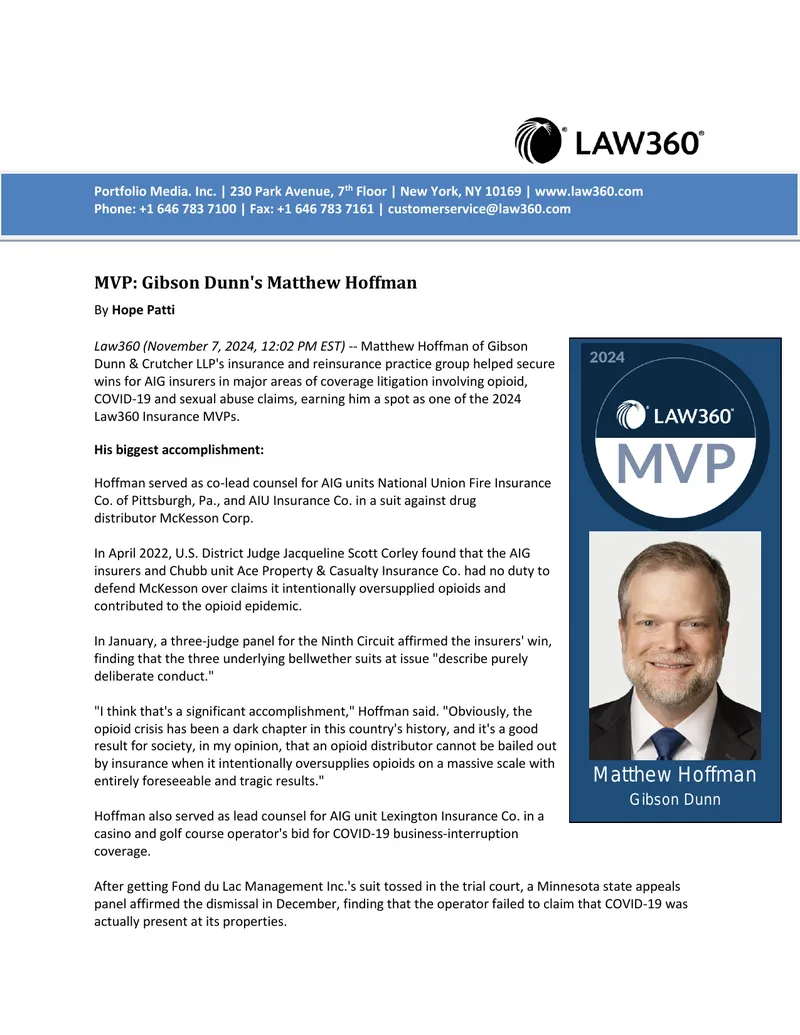 Matthew Hoffman Recognized as Law360 Insurance MVP