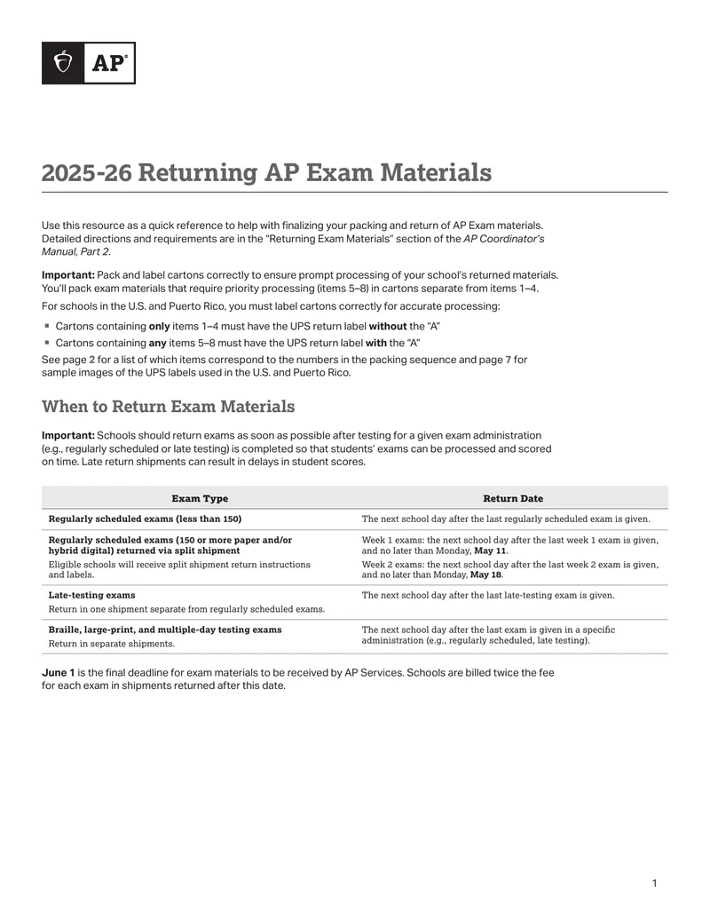 Returning AP Exam Materials Packing Guide