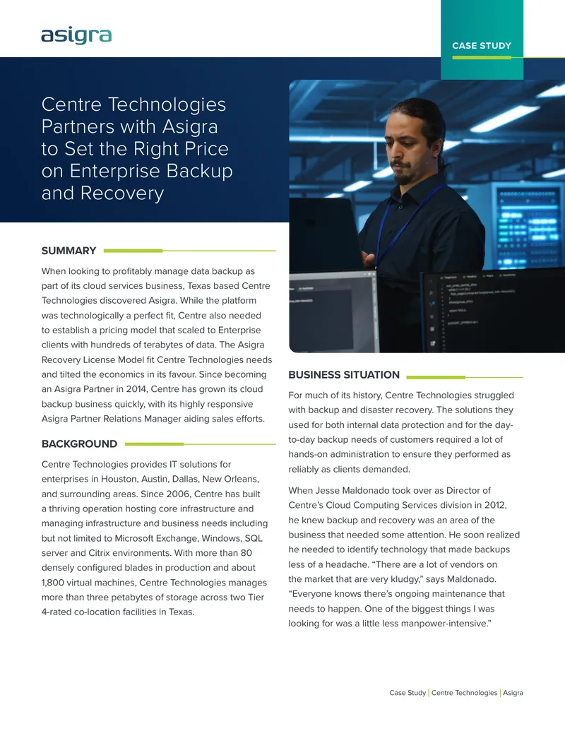 Centre Technologies Partnership with Asigra