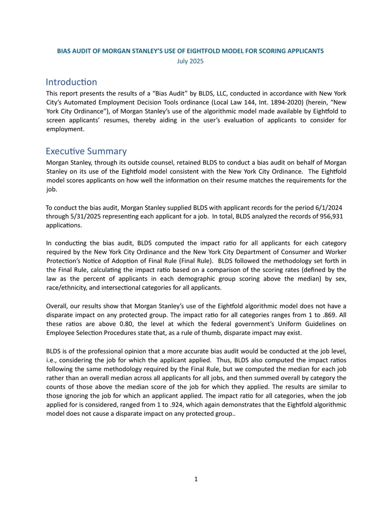Bias Audit of Morgan Stanley’s Eightfold Model
