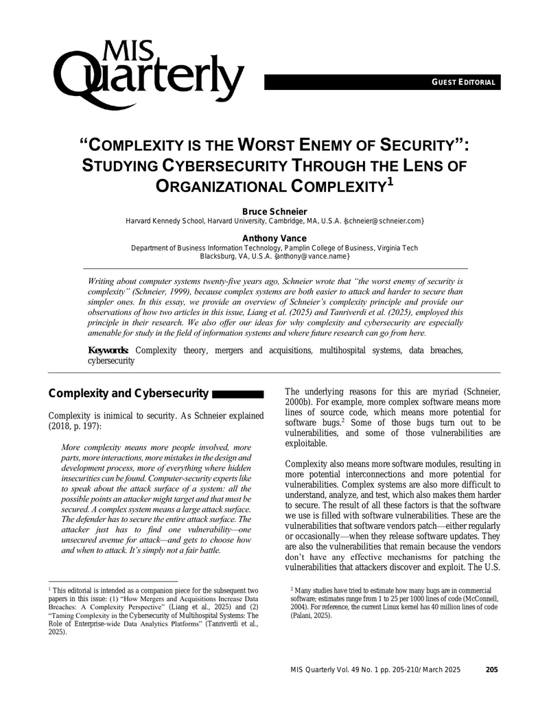 Complexity and Cybersecurity: An Editorial Perspective