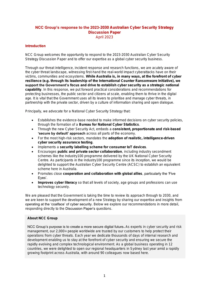 NCC Group Response to Australian Cyber Security Strategy