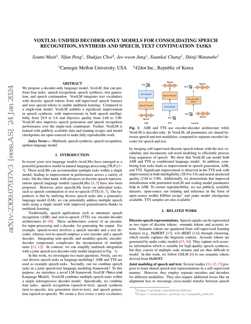 VoxtLM: Unified Decoder-Only Models for Speech Tasks
