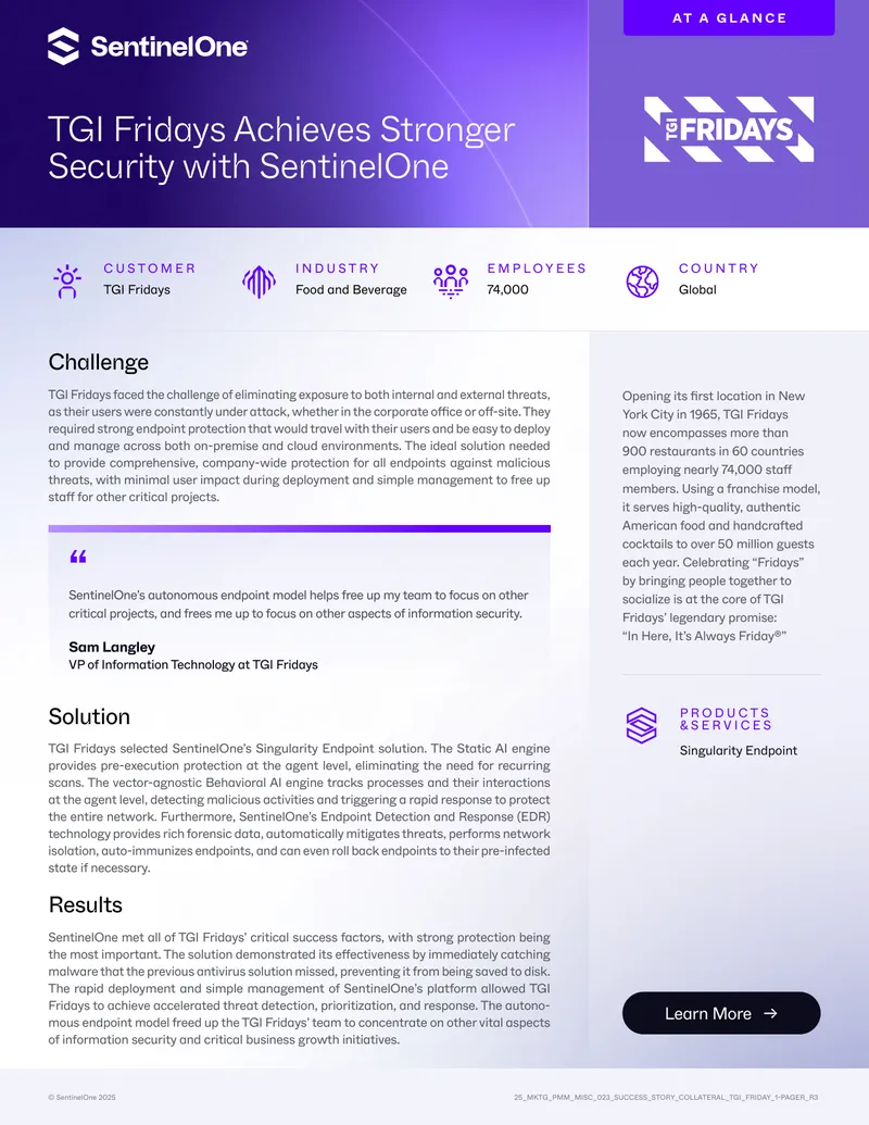 TGI Fridays Security Enhancement with SentinelOne