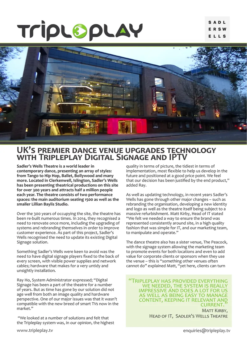 Sadler's Wells Theatre Digital Signage Upgrade