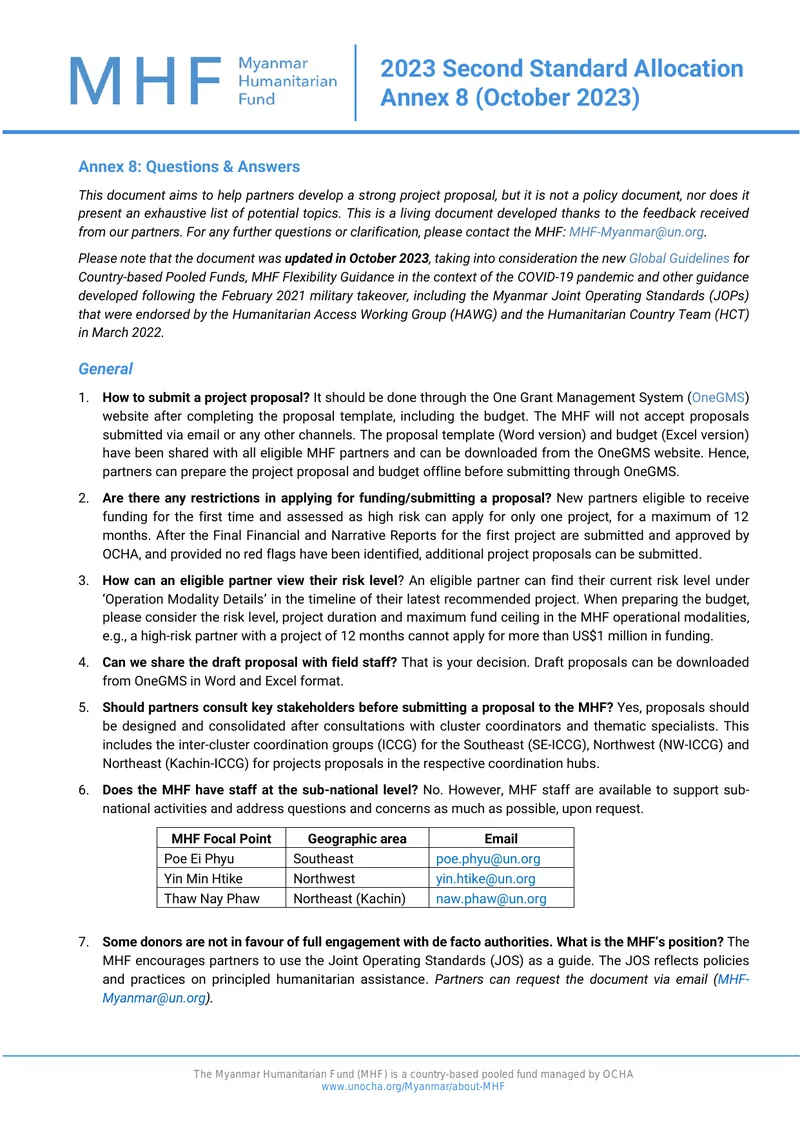 Myanmar Humanitarian Fund Project Proposal Guidelines