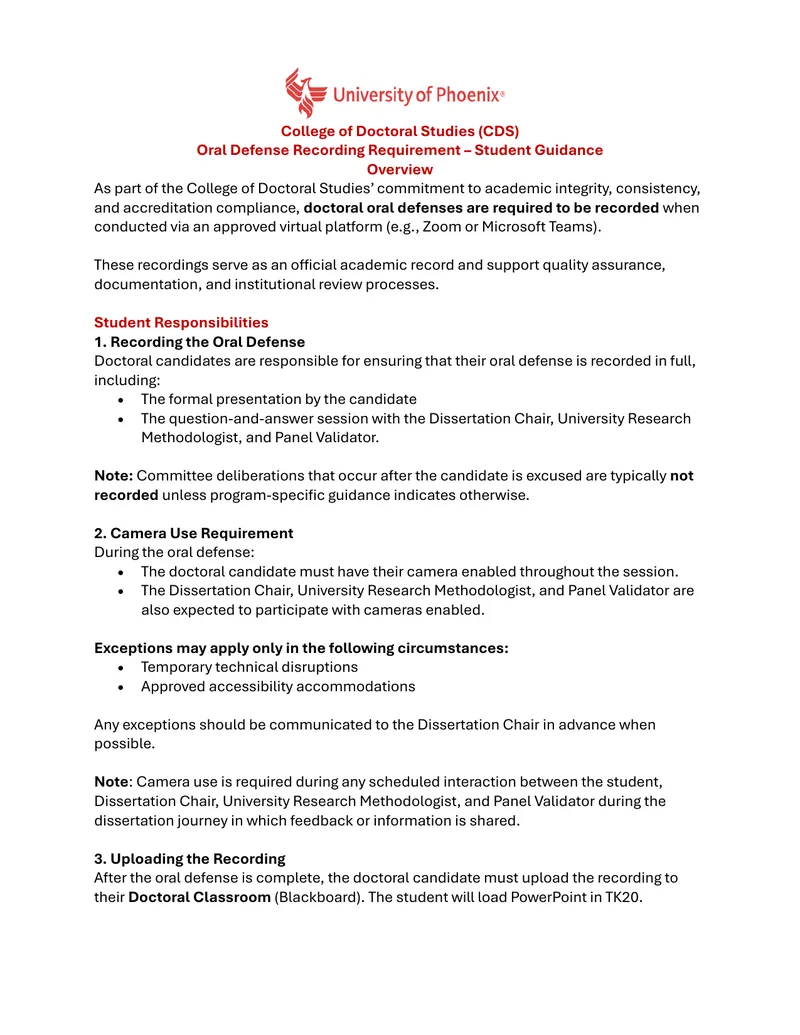 Oral Defense Recording Requirement Guidance