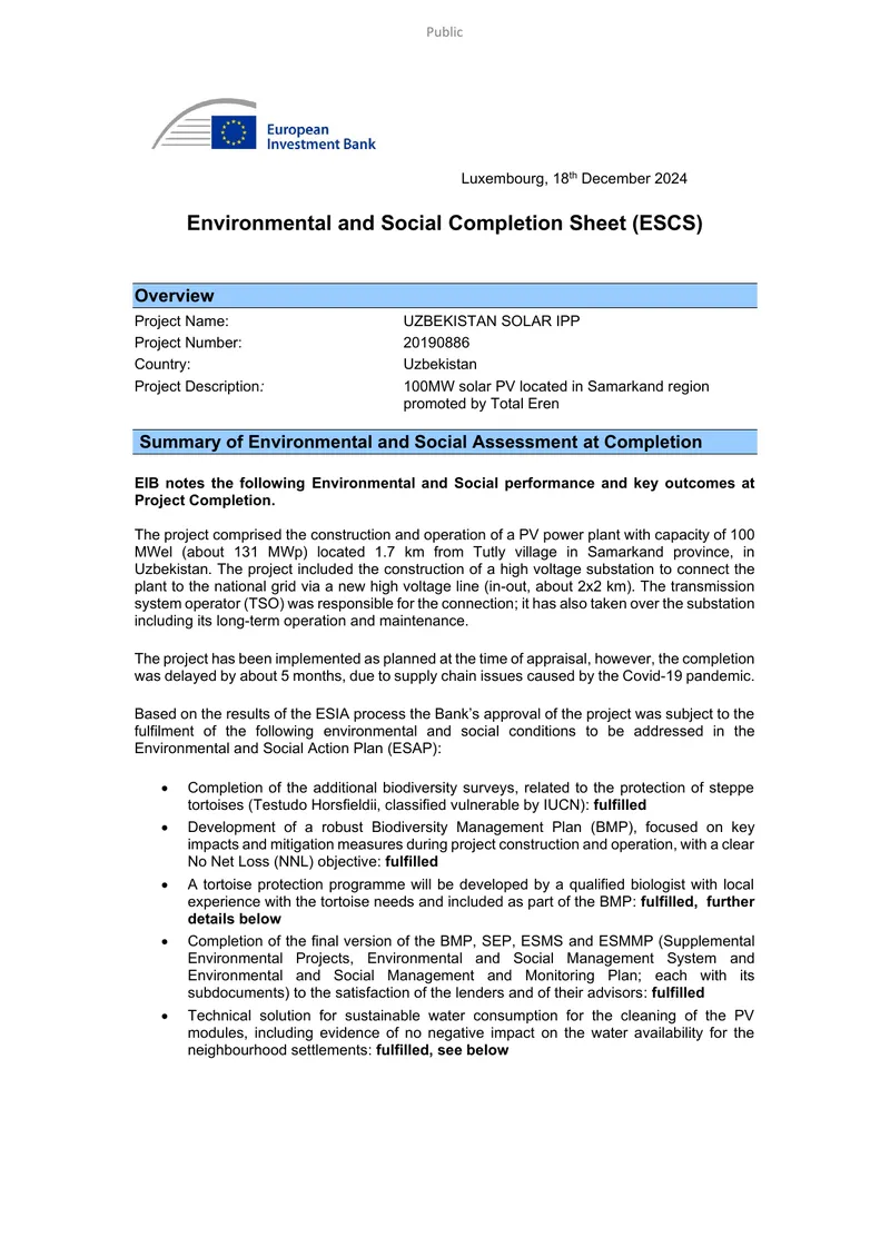 Environmental and Social Completion Sheet for Uzbekistan Solar IPP