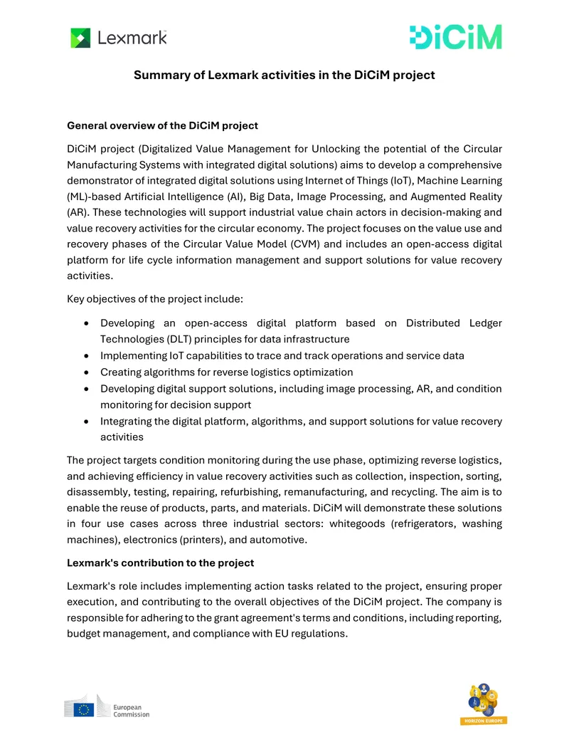 Lexmark Contributions to DiCiM Project