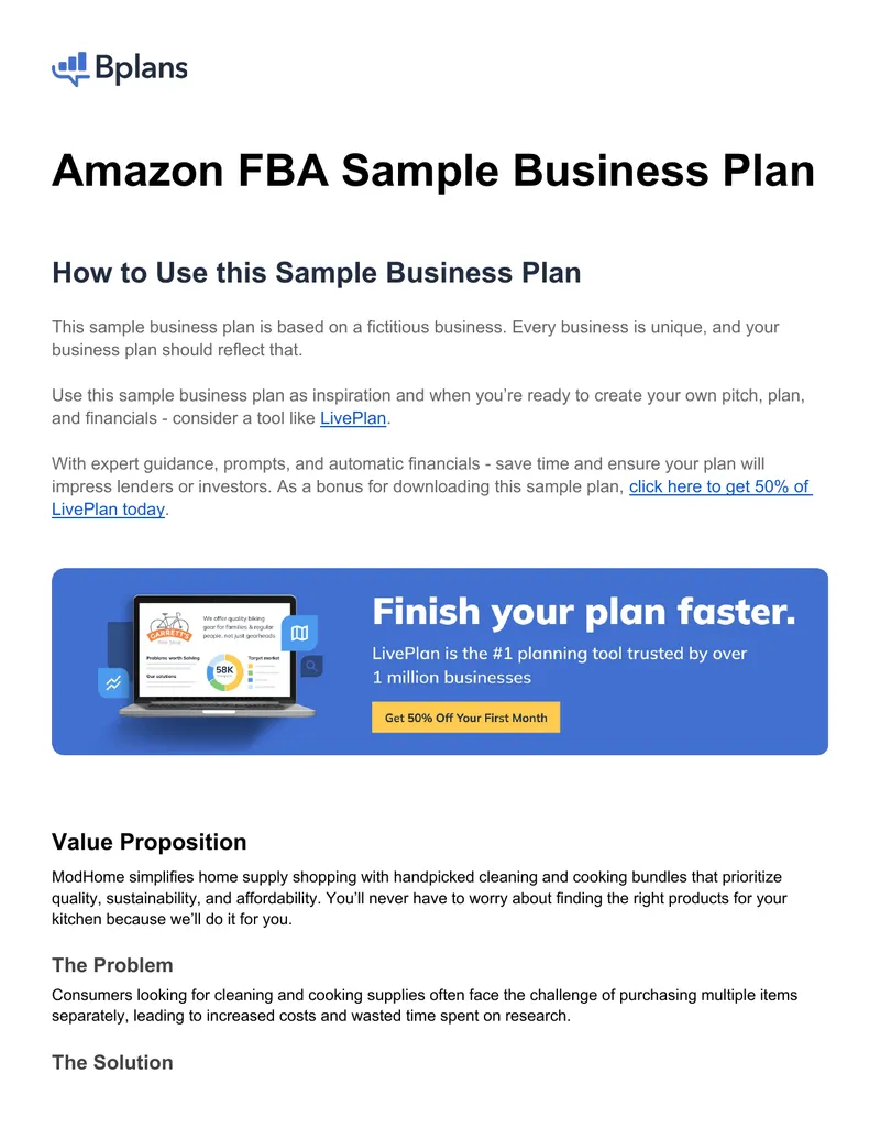 Amazon FBA Sample Business Plan Overview
