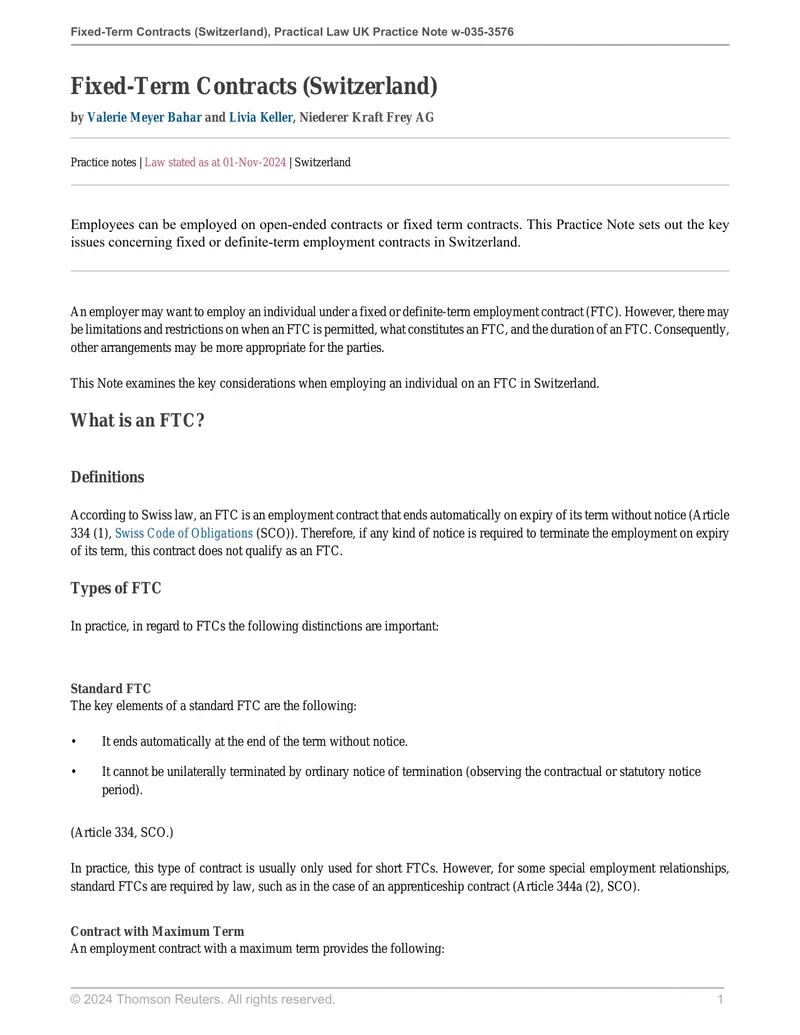 Fixed-Term Employment Contracts in Switzerland