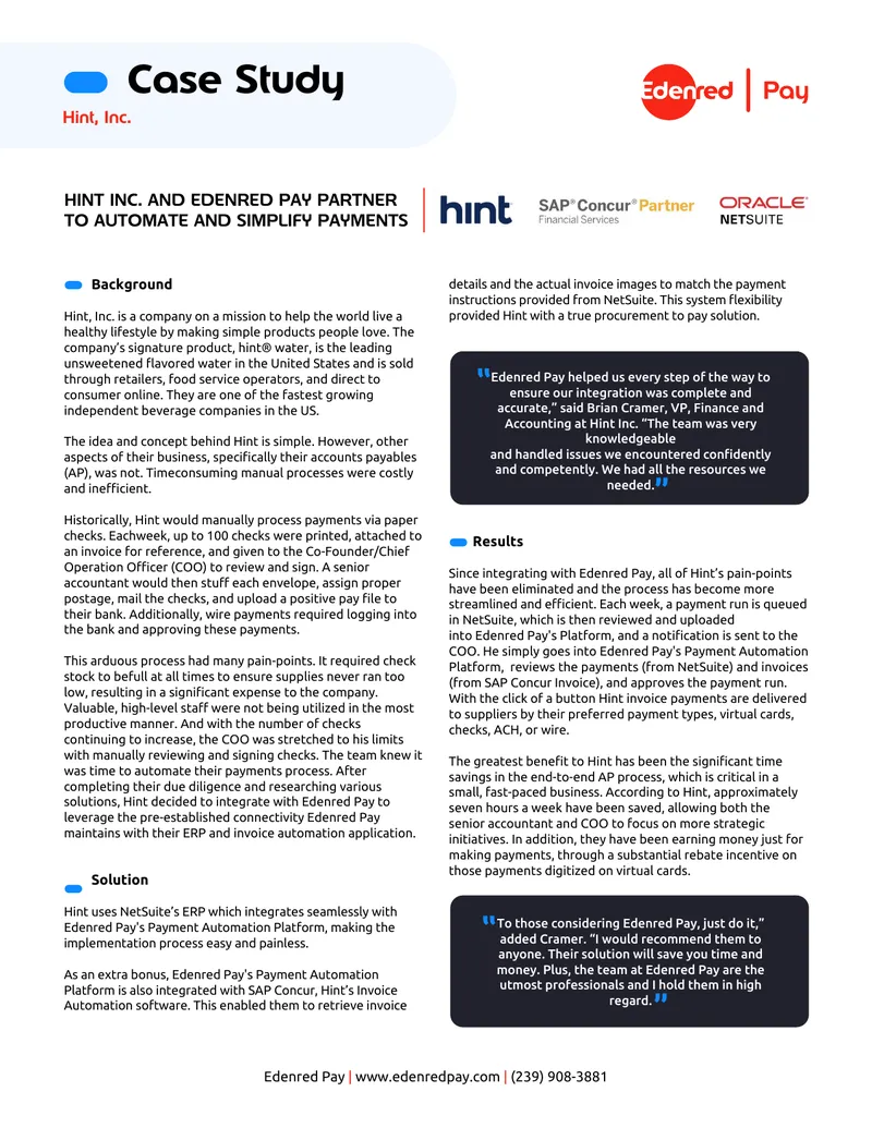 Hint Inc. and Edenred Pay Payment Automation Case Study