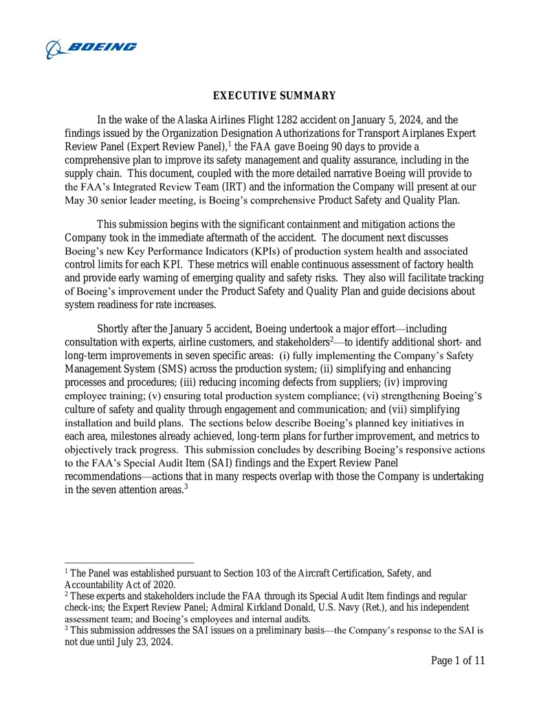 Boeing Product Safety and Quality Improvement Plan