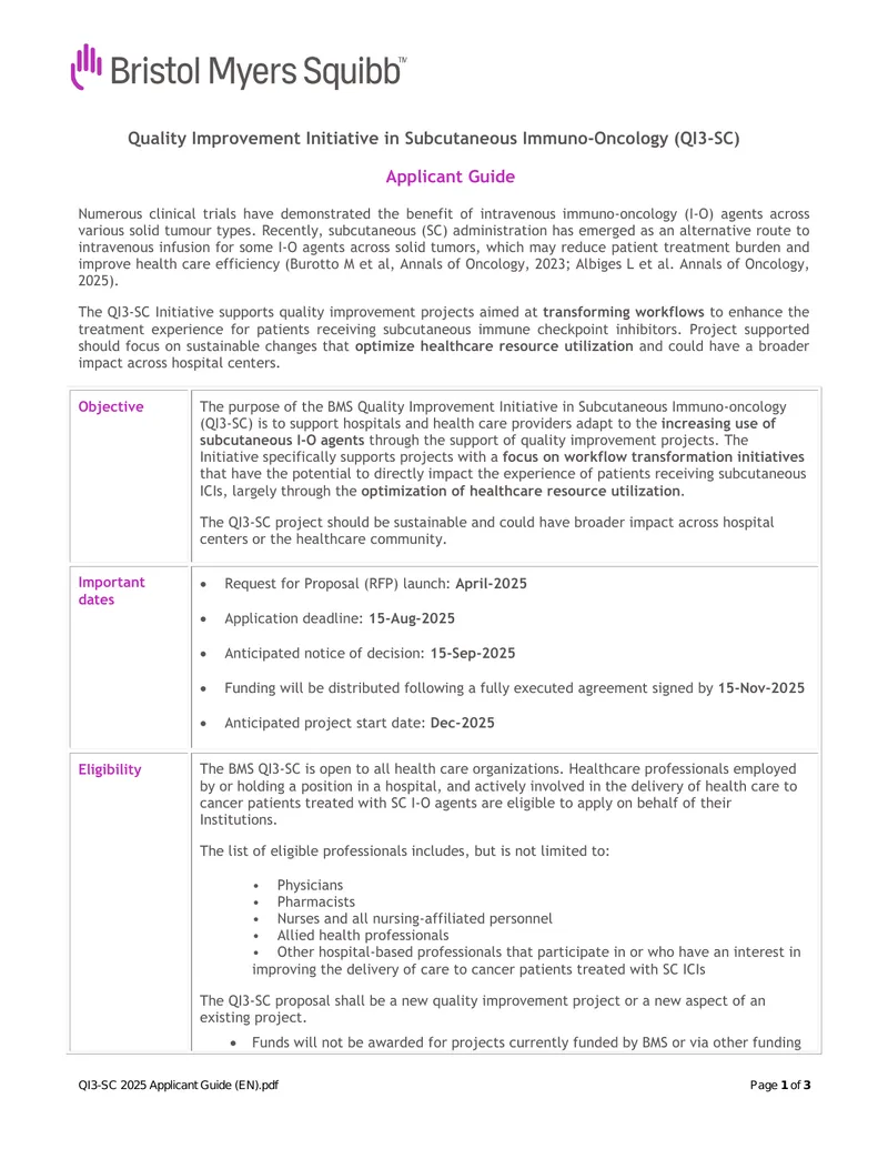 Quality Improvement Initiative in Subcutaneous Immuno-Oncology Applicant Guide