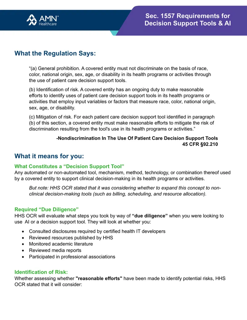 Sec. 1557 Requirements for Decision Support Tools and AI preview page 1