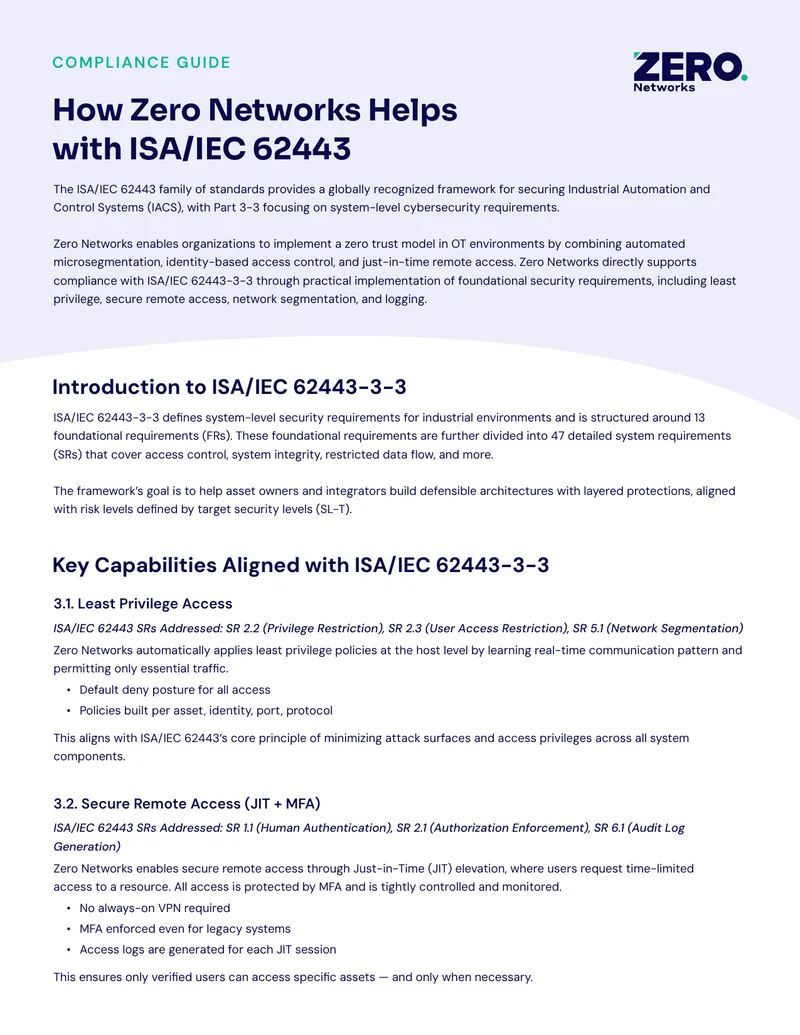 Zero Networks Compliance with ISA/IEC 62443-3-3