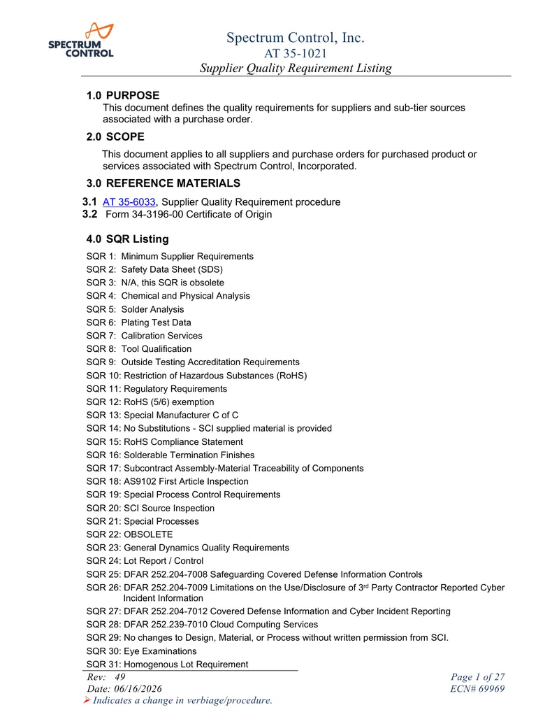Supplier Quality Requirement Listing for Spectrum Control