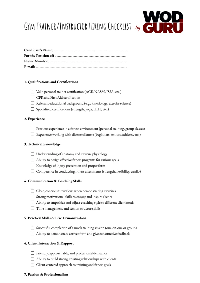 Gym Trainer Instructor Hiring Checklist